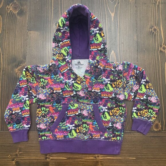 Disney Parks Purple Graffiti Hoodie Sweatshirt Mickey Mouse Unisex 3 4 Years XS - Picture 1 of 9